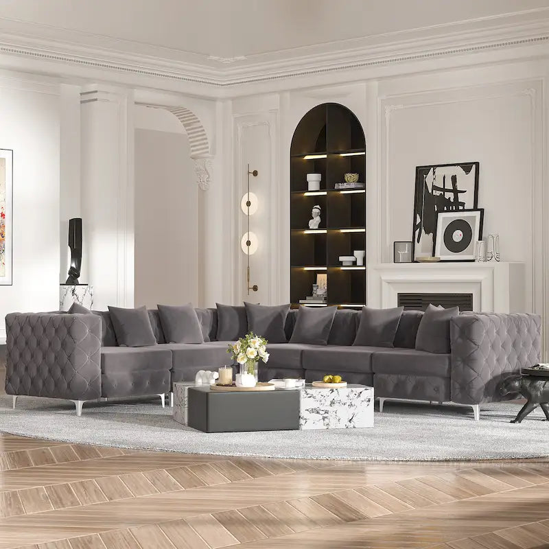 Large L-Shaped Modular Sofa, 6-Seat Velvet Sectional Couch