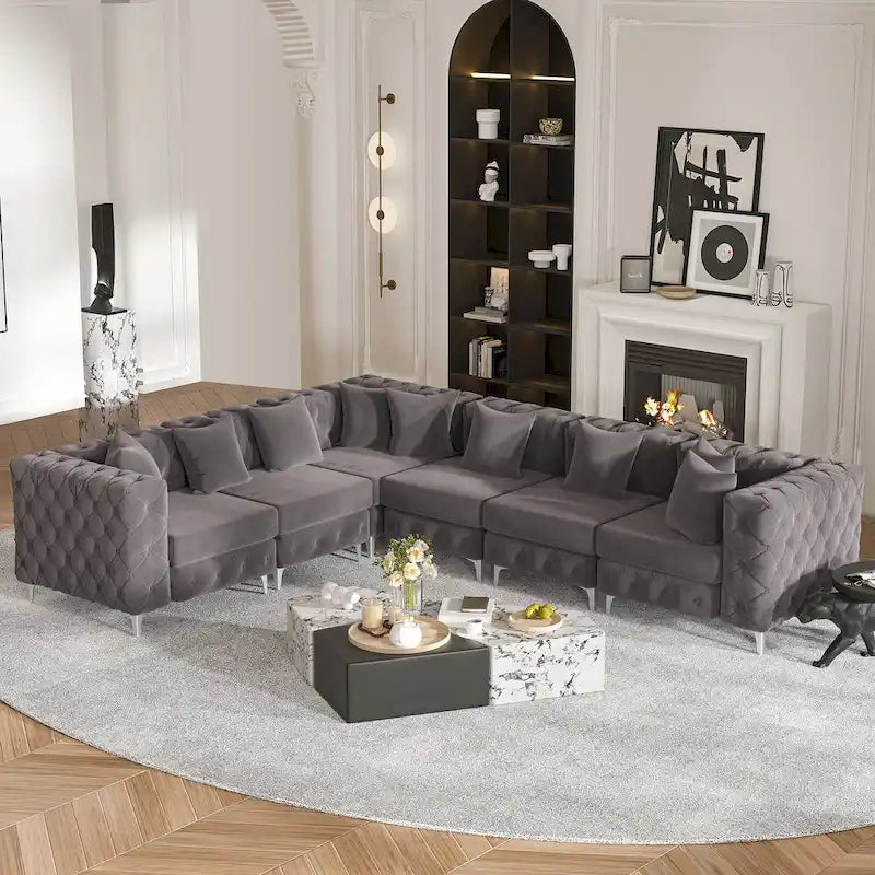 Large L-Shaped Modular Sofa, 6-Seat Velvet Sectional Couch