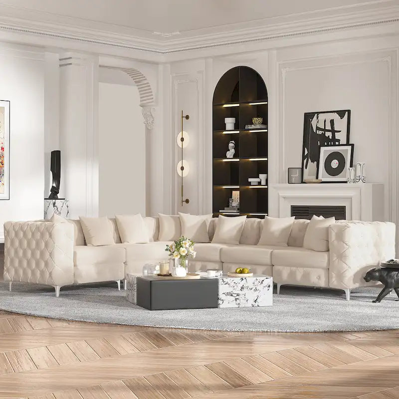 Large L-Shaped Modular Sofa, 6-Seat Velvet Sectional Couch