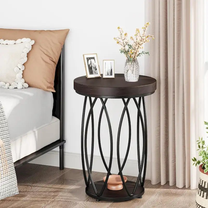 Industrial Round Side Table, Small End Table with Metal Frame