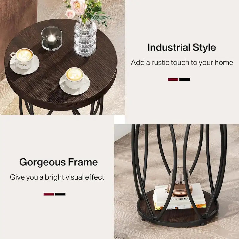 Industrial Round Side Table, Small End Table with Metal Frame