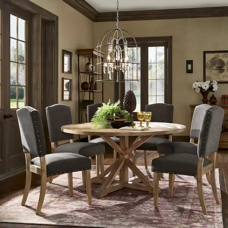 Benchwright Rustic X-base Round Pine Wood Nailhead 7-piece Dining Set by iNSPIRE Q Artisan