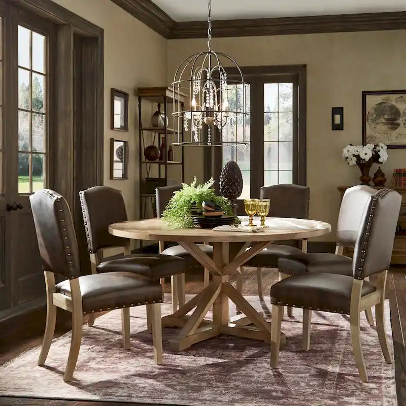 Benchwright Rustic X-base Round Pine Wood Nailhead 7-piece Dining Set by iNSPIRE Q Artisan