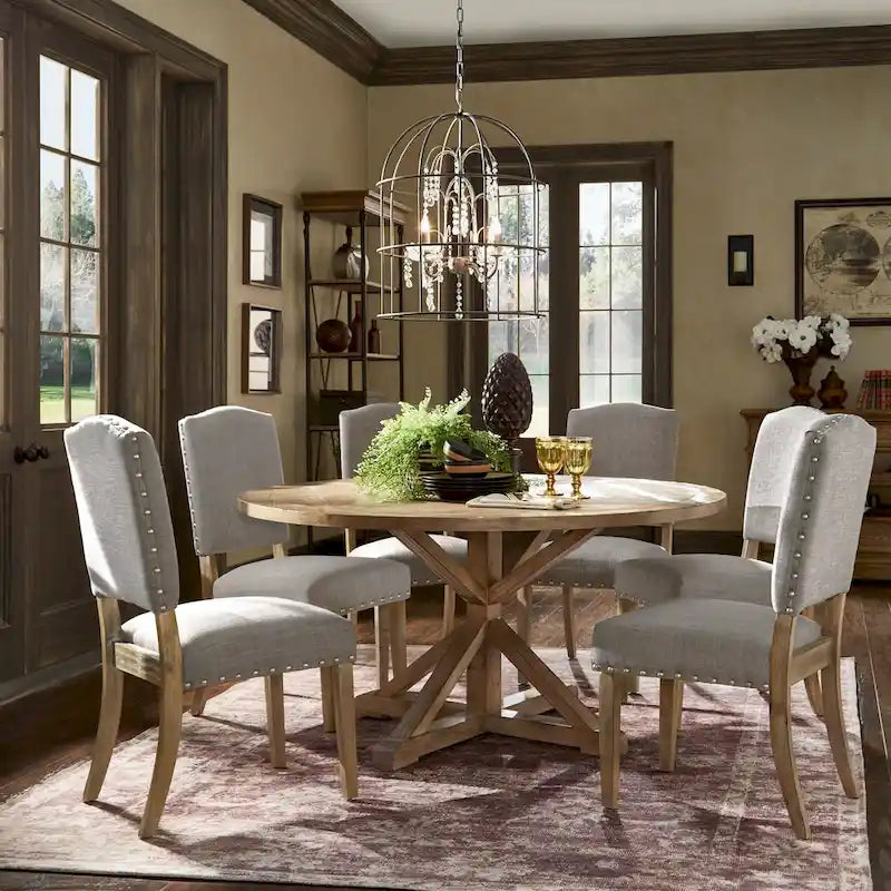 Benchwright Rustic X-base Round Pine Wood Nailhead 7-piece Dining Set by iNSPIRE Q Artisan