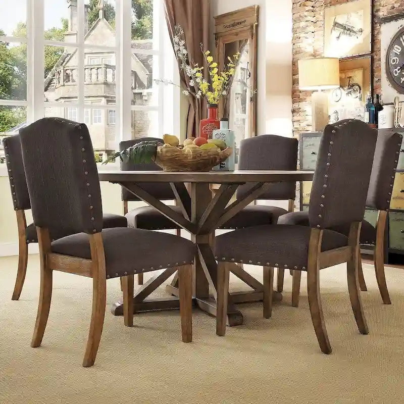 Benchwright Rustic X-base Round Pine Wood Nailhead 7-piece Dining Set by iNSPIRE Q Artisan