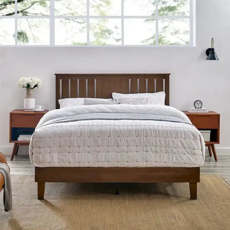 MUSEHOMEINC Mid-Century Modern Solid Wooden Platform Bed with Adjustable Height Headboard for Bedroom,Wood Slat Support