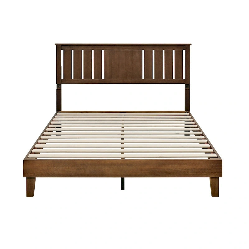MUSEHOMEINC Mid-Century Modern Solid Wooden Platform Bed with Adjustable Height Headboard for Bedroom,Wood Slat Support