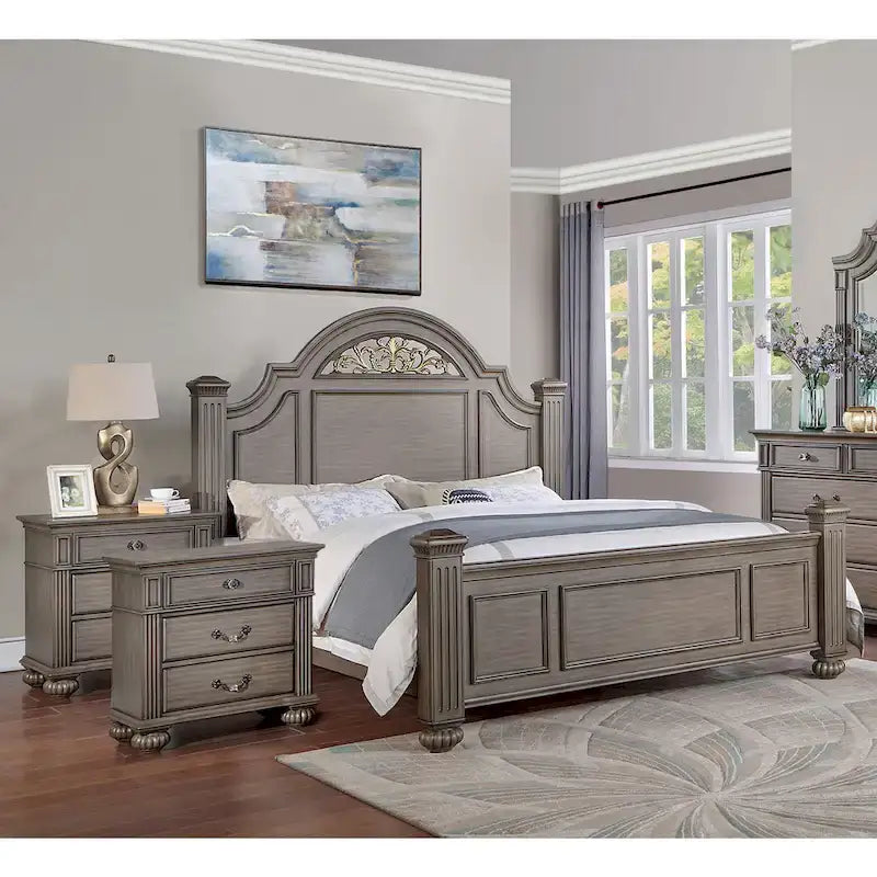 Vame 3-Piece Traditional Grey Wood Poster Bedroom Set With Two Nightstands by Furniture of America