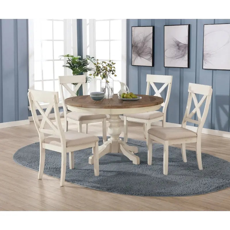 Roundhill Furniture Prato 5-Piece Round Dining Table Set with Cross Back Chairs, Antique White and Distressed Oak