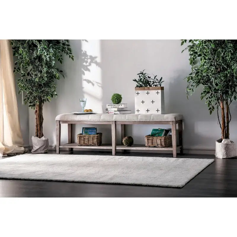 Beavers Point Rustic Linen Tufted Storage Entryway Bench by The Gray Barn