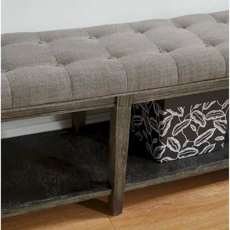 Beavers Point Rustic Linen Tufted Storage Entryway Bench by The Gray Barn