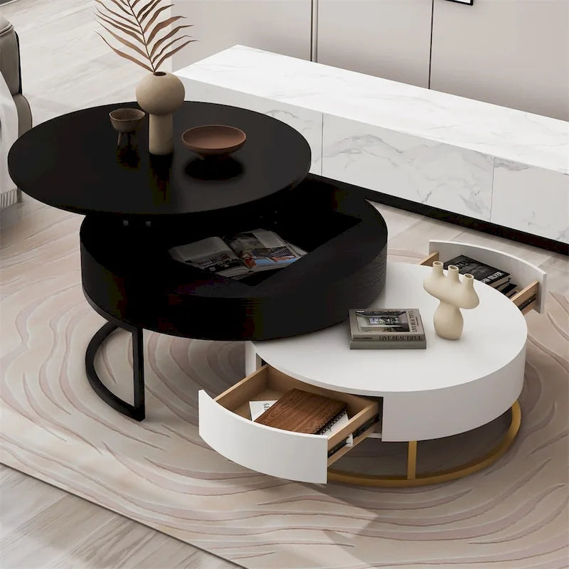 Merax Modern Round Lift-top Nesting Coffee Tables with 2 Drawers