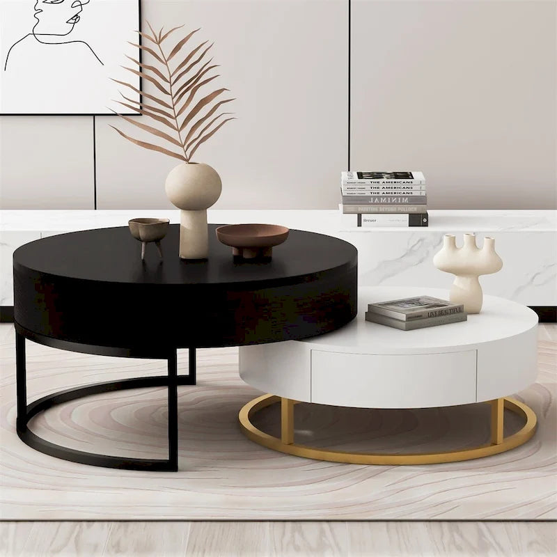 Merax Modern Round Lift-top Nesting Coffee Tables with 2 Drawers