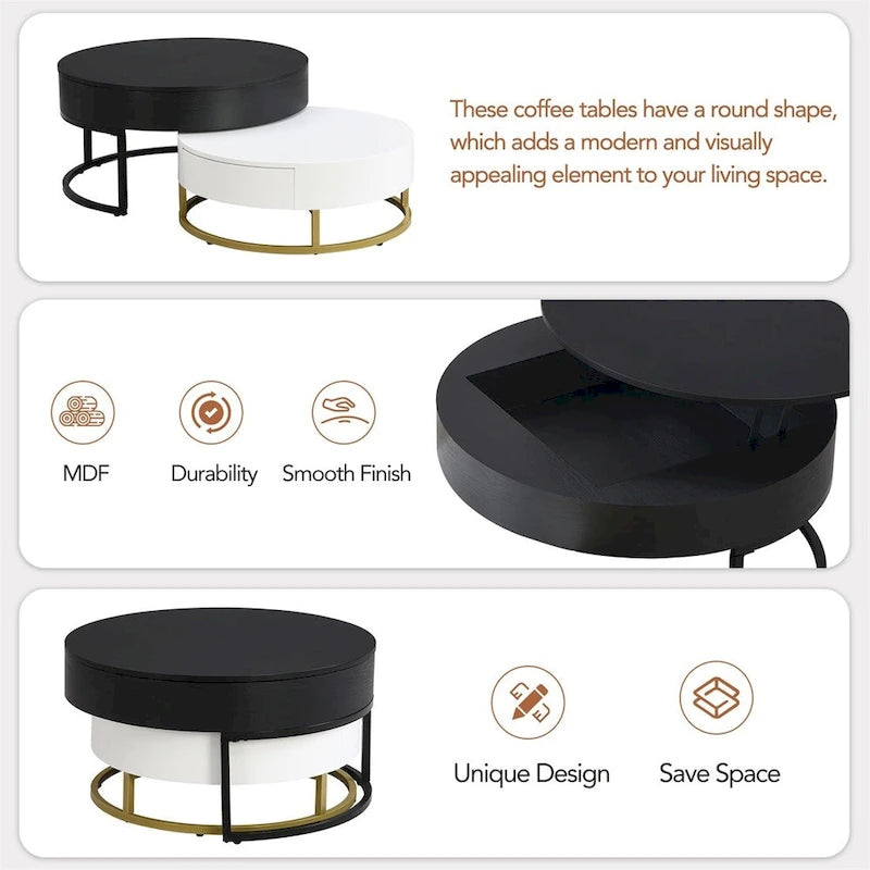 Merax Modern Round Lift-top Nesting Coffee Tables with 2 Drawers