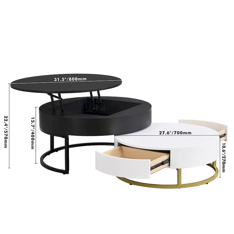 Merax Modern Round Lift-top Nesting Coffee Tables with 2 Drawers