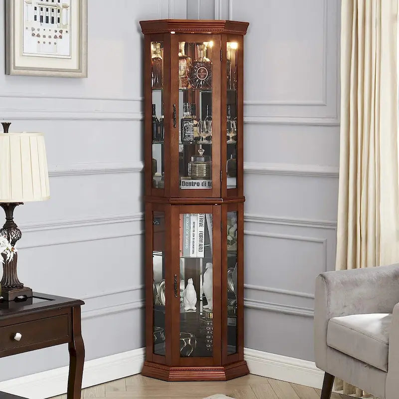 Corner Curio Cabinet with Lights Adjustable Tempered Glass Shelve