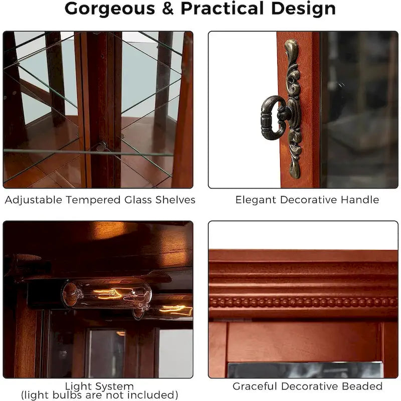 Corner Curio Cabinet with Lights Adjustable Tempered Glass Shelve