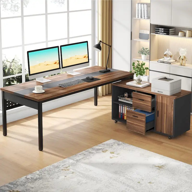 70.8 Inch L-shaped Computer Desk with Reversible File Drawer Cabinet, Executive Office Desk