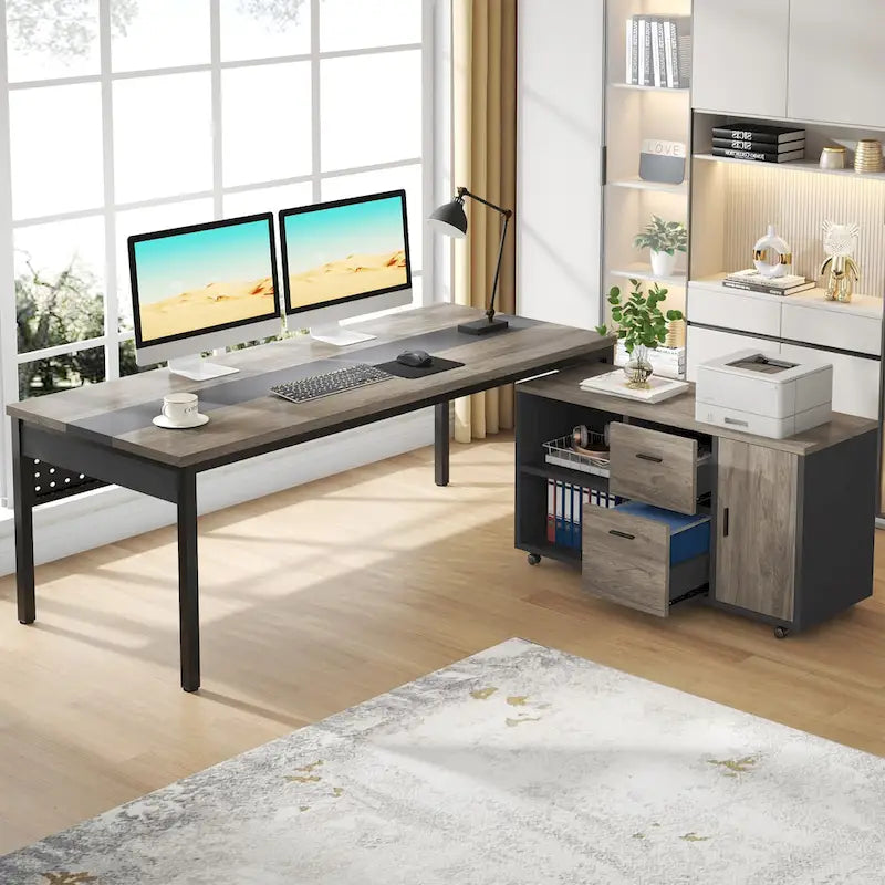 70.8 Inch L-shaped Computer Desk with Reversible File Drawer Cabinet, Executive Office Desk