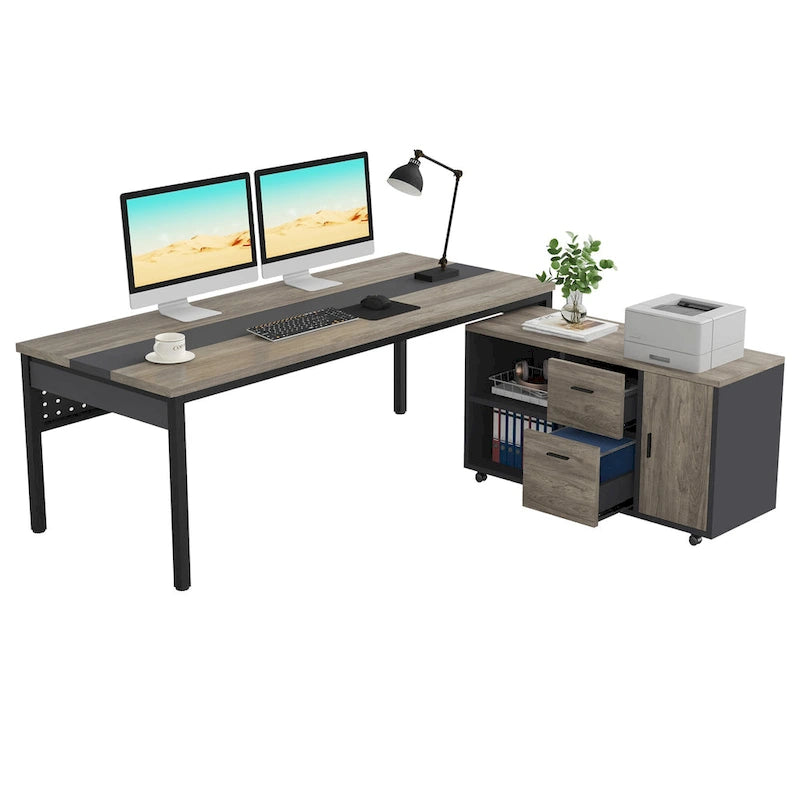 70.8 Inch L-shaped Computer Desk with Reversible File Drawer Cabinet, Executive Office Desk