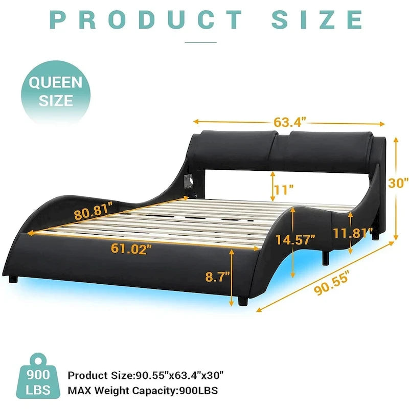 Queen Modern Upholstered Platform Bed Frame with LED Lights