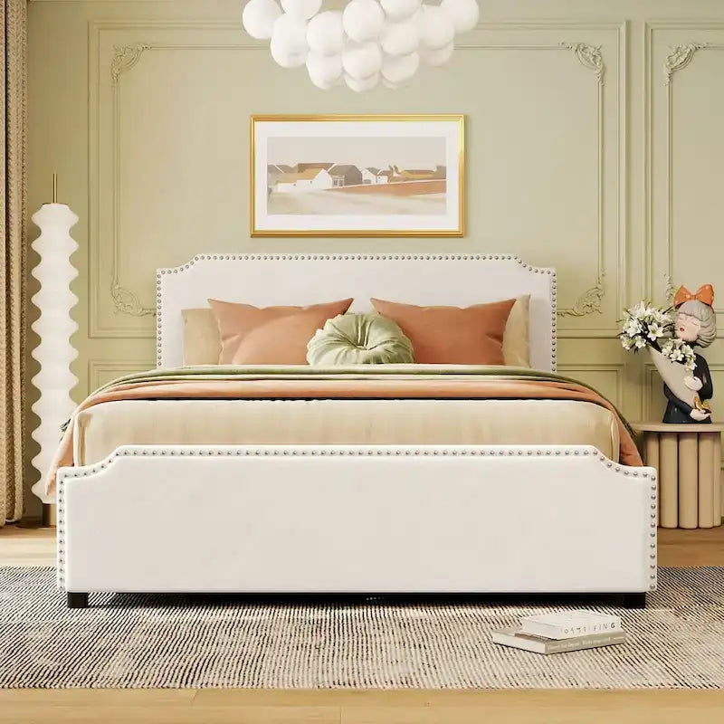 Upholstered Platform Bed with Stud Trim Headboard and Footboard and 4 Drawers No Box Spring Needed, Velvet Fabric, Queen Size