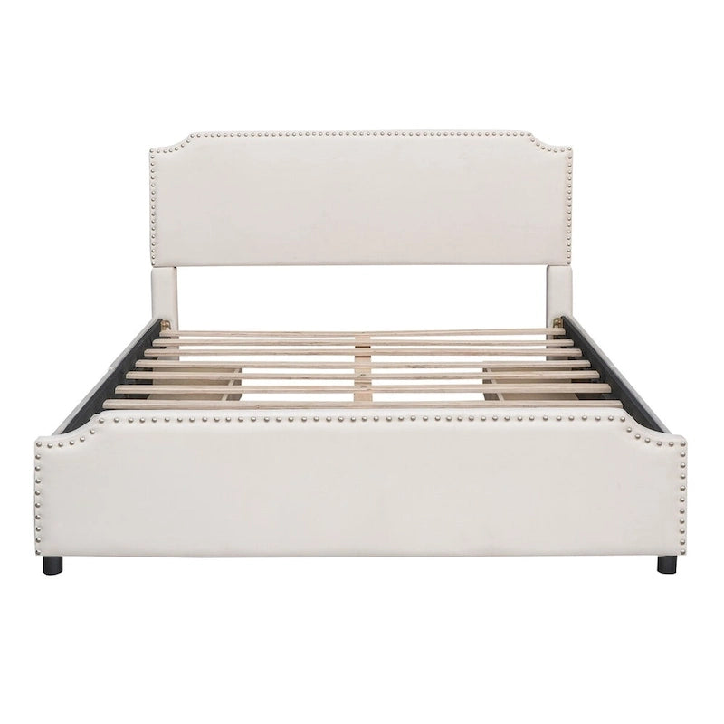 Upholstered Platform Bed with Stud Trim Headboard and Footboard and 4 Drawers No Box Spring Needed, Velvet Fabric, Queen Size