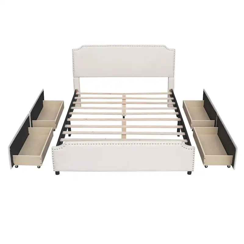 Upholstered Platform Bed with Stud Trim Headboard and Footboard and 4 Drawers No Box Spring Needed, Velvet Fabric, Queen Size