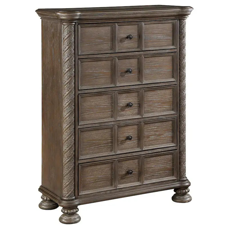 Emme 39 Inch Tall Dresser Chest, 5 Drawers and Bun Feet, Oak Brown Wood