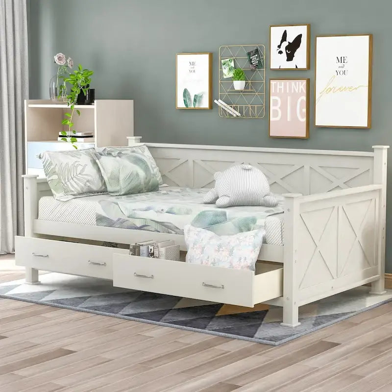Twin Size Wooden Modern and Rustic Casual Style Daybed with 2 Storage Drawers & Headboard