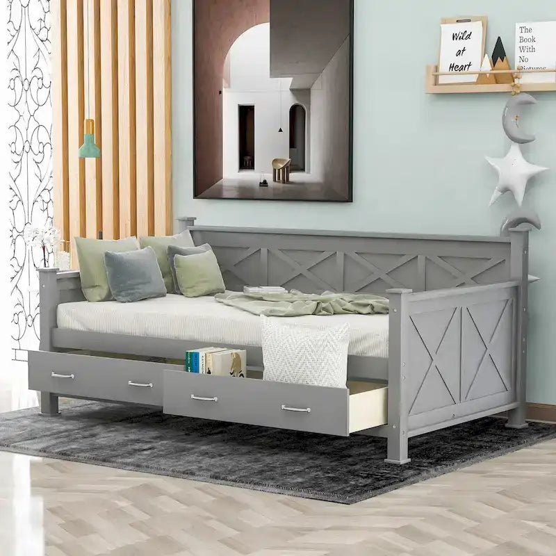 Twin Size Wooden Modern and Rustic Casual Style Daybed with 2 Storage Drawers & Headboard