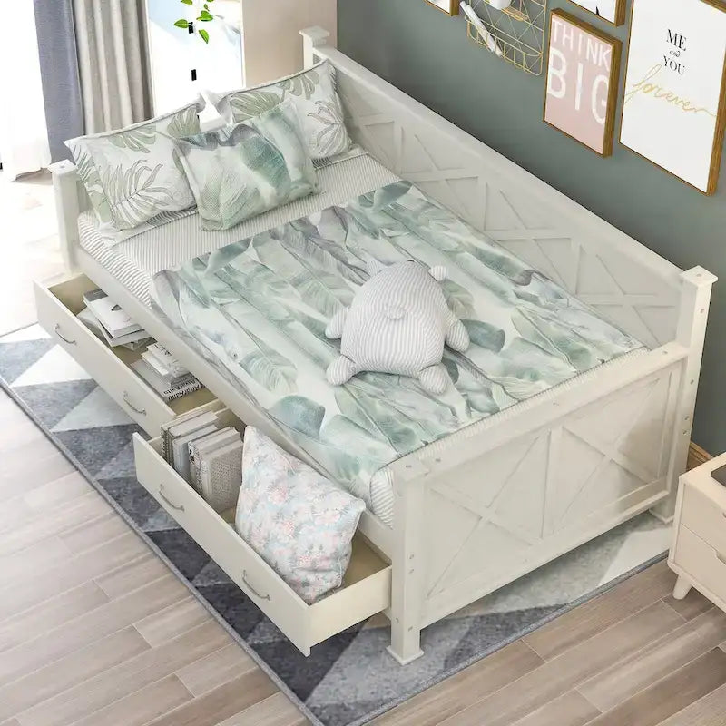 Twin Size Wooden Modern and Rustic Casual Style Daybed with 2 Storage Drawers & Headboard