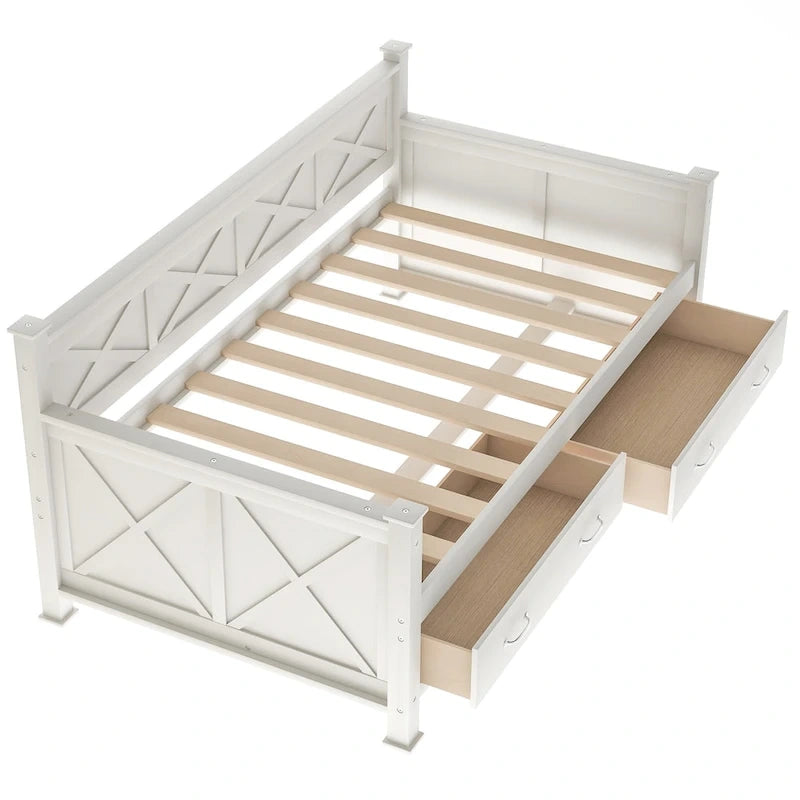 Twin Size Wooden Modern and Rustic Casual Style Daybed with 2 Storage Drawers & Headboard