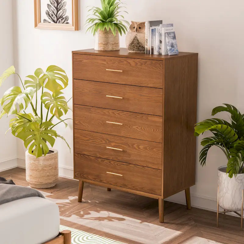Furniture of America Beau Midcentury Walnut 5-Drawer Chest with Interlocking Drawers