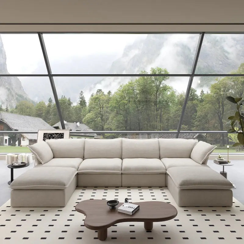 U Shape Couches for Living Room, 6-Seat Convertible Sectional Sofa With Ottoman