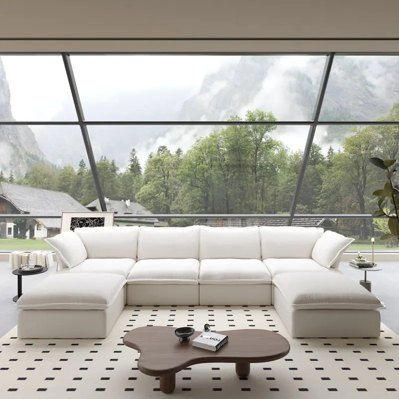 U Shape Couches for Living Room, 6-Seat Convertible Sectional Sofa With Ottoman