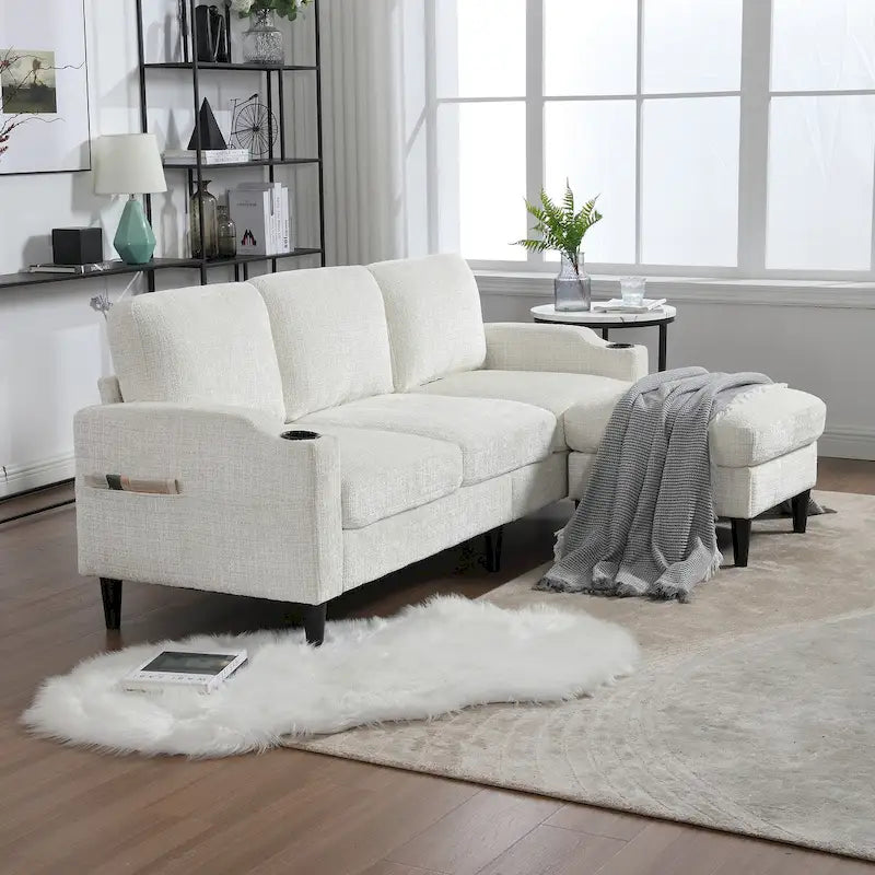 HOMEFUN Chenille Upholstered L-Shaped Living Room Sofa with Storage Ottoman
