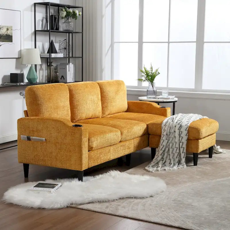 HOMEFUN Chenille Upholstered L-Shaped Living Room Sofa with Storage Ottoman
