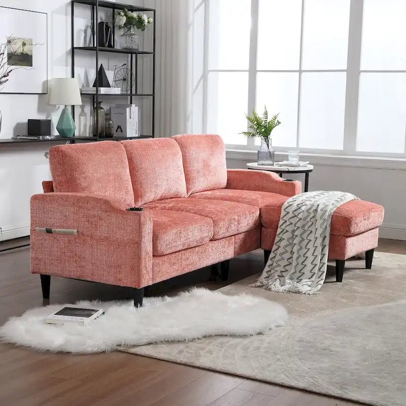 HOMEFUN Chenille Upholstered L-Shaped Living Room Sofa with Storage Ottoman
