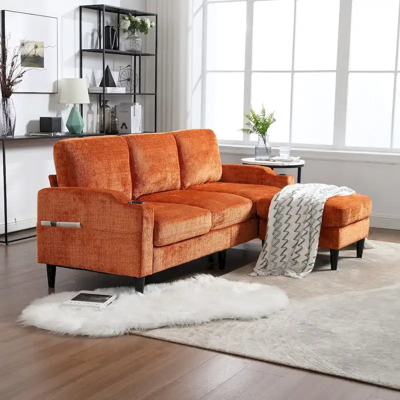 HOMEFUN Chenille Upholstered L-Shaped Living Room Sofa with Storage Ottoman