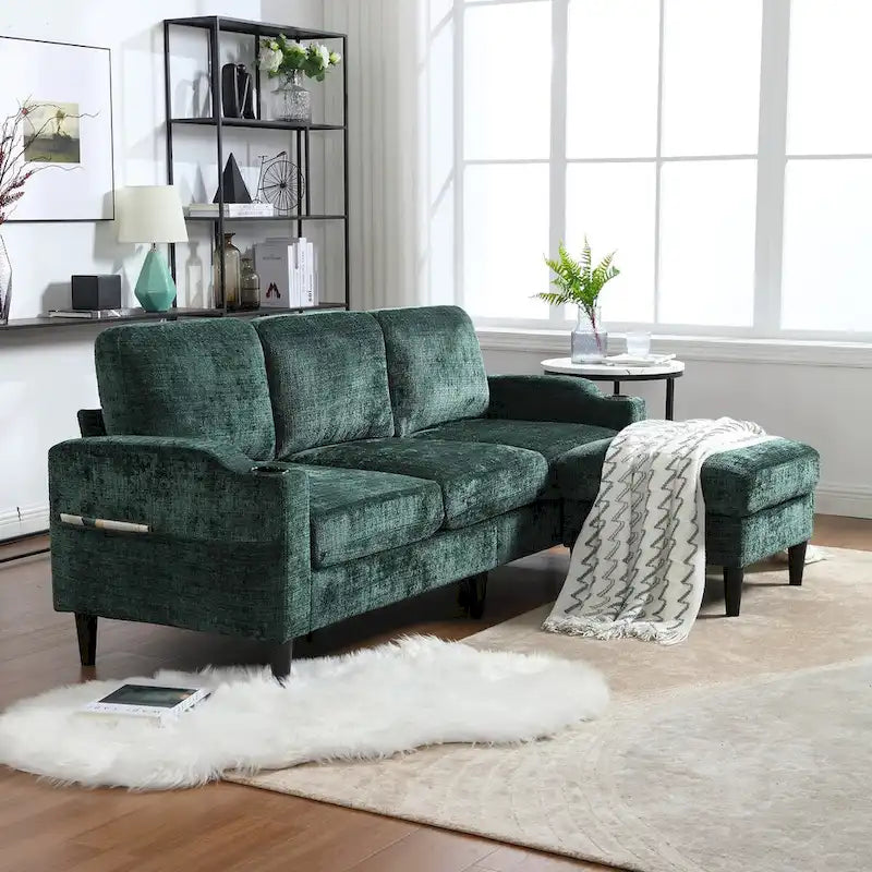 HOMEFUN Chenille Upholstered L-Shaped Living Room Sofa with Storage Ottoman