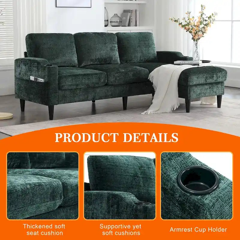 HOMEFUN Chenille Upholstered L-Shaped Living Room Sofa with Storage Ottoman