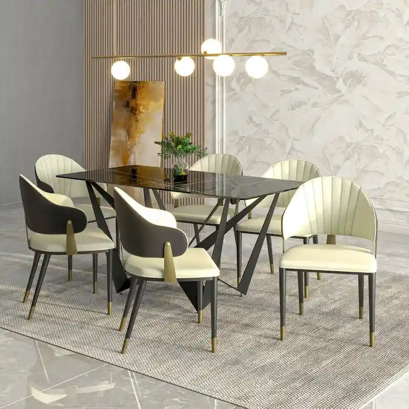 Leather Dining Chair in Iron with Gold Accents Design Modern Ergonomic Side Chair