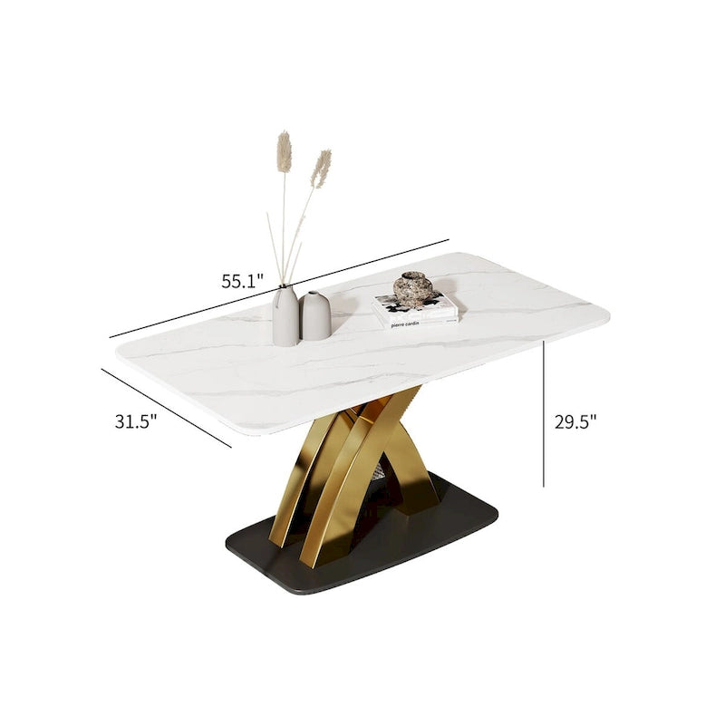 Modern White Rectangular Dining Table,Sintered Stone top,Gold X-Shaped