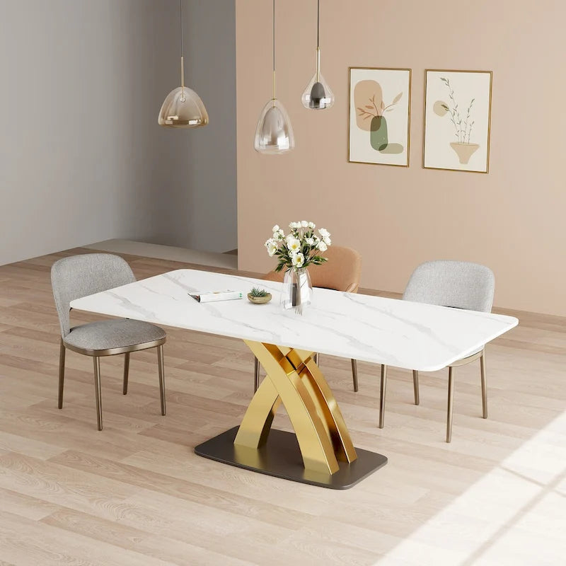 Modern White Rectangular Dining Table,Sintered Stone top,Gold X-Shaped