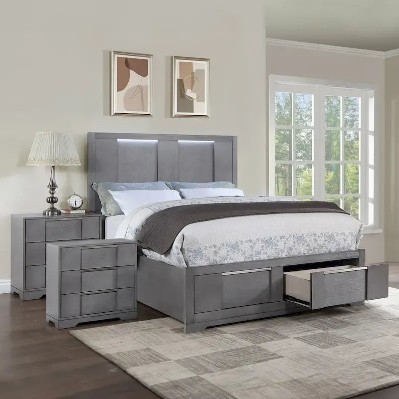 Furniture of America Tona Contemporary 3-Piece Grey Wood Storage Platform Bedroom Set with LED Lights