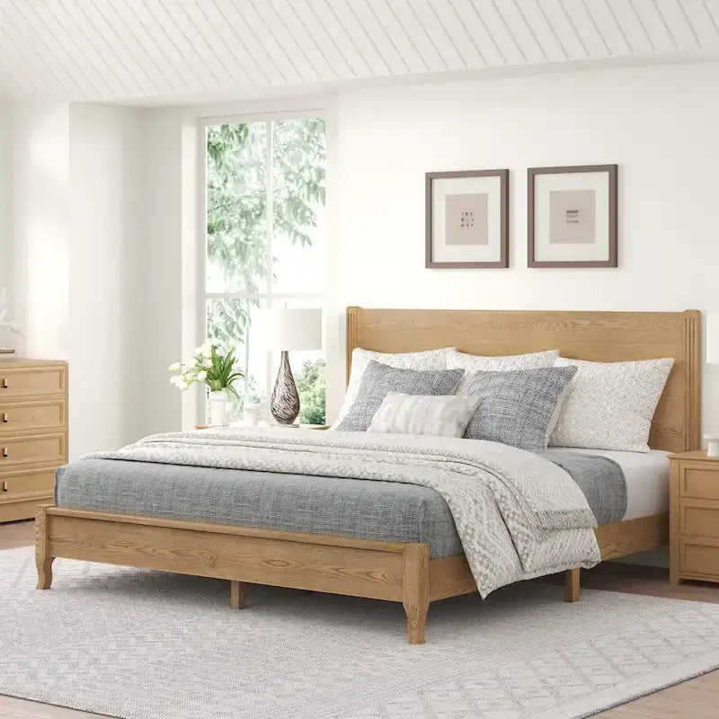 LUE BONA Solid Wood Panel Platform Bed with Headboard, Double Size Beds Wooden Rustic Bed Frame Bedroom Furniture