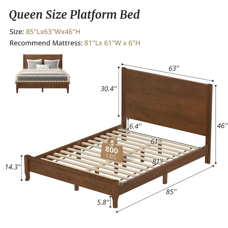 LUE BONA Solid Wood Panel Platform Bed with Headboard, Double Size Beds Wooden Rustic Bed Frame Bedroom Furniture